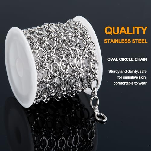 KYUNHOO 6.5FT/2M Oval Circle Chain Spool Silver Chain Roll Soldered Stainless Steel Chains Rolo Jewelry Chain with Connectors for Jewelry Making Supplies - color: Circle Silver