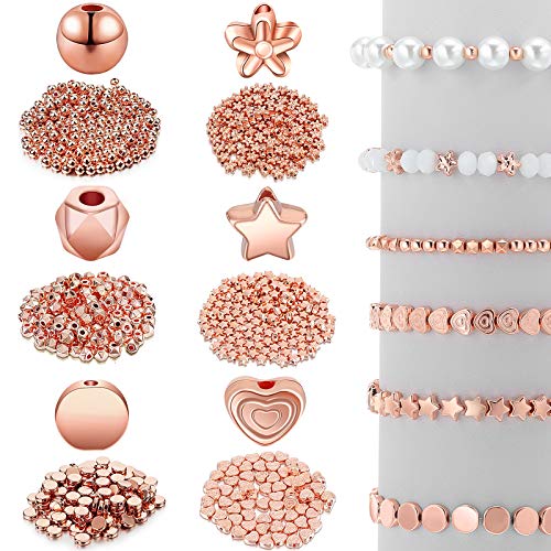 Hicarer 1200 Pieces Spacer Beads Set Star Round Ball Rondelle Faceted Spacer Heart Flower Flat Disc Loose Beads for Bracelet Charms Jewelry Making - color: Rose Gold