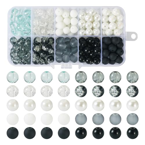 Cheriswelry 200Pcs Round Glass Beads for Bracelet Assorted Beads Bulk Round Crystal Loose Spacers 8-9mm for Earring Necklace Jewelry Making (Black) - color: Black