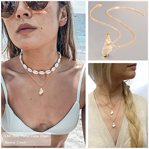 Natural Seashell Shell Scallop Pendant Choker Necklace Adjustable 18K Gold Plated Cable Chain Handmade Jewelry for Women Girls - style: Conch