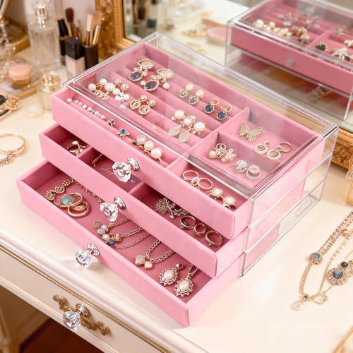 Clear Acrylic Velvet Jewelry Organizer with 3 Drawers, Stackable Display Storage Earrings Necklace Rings Bracelets Box Holder Case for Women, Pink - color: Pink