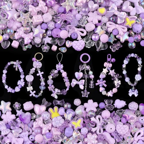 200-260PCS TINKRSTUFF Assorted Acrylic Beads Purple Cute Beads for Bracelet Making, Bow Aesthetic Star Flower Butterfly GummyBear Kawaii Charms for Jewelry Necklace Making DIY Keychain Phone Charm - color: Purple-150g