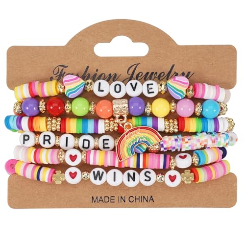 6Pcs Rainbow Clay Heishi Beads Bracelet Set for Women Men, Boho Stackable Elastic Beaded Jewelry with Pride/Wins/Love Charms, Colorful LGBTQ+ Support Accessories, Summer Beach Friendship Gifts - color: Rainbow-04