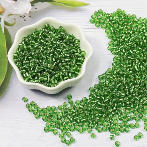 Transparent Green with Silver Lined Beads Size 6/0 Crafts Glass Seed Beads 4mm for Jewelry Making (Total About 100g About 1200pcs) - color: Transparent Green with Silver Lined, size: 4mm