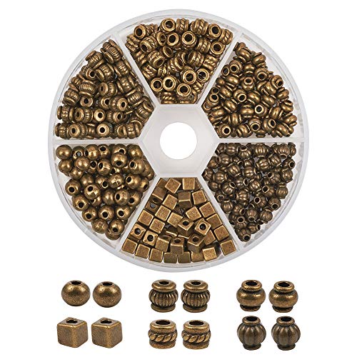 Beadthoven 360pcs 6 Style Antique Bronze Mixed Style Spacer Beads Tibetan Alloy Tube Round Barrel Column Metal Spacers for Jewelry Necklace Bracelet Making - color: Antique Bronze-Barrel-6styles