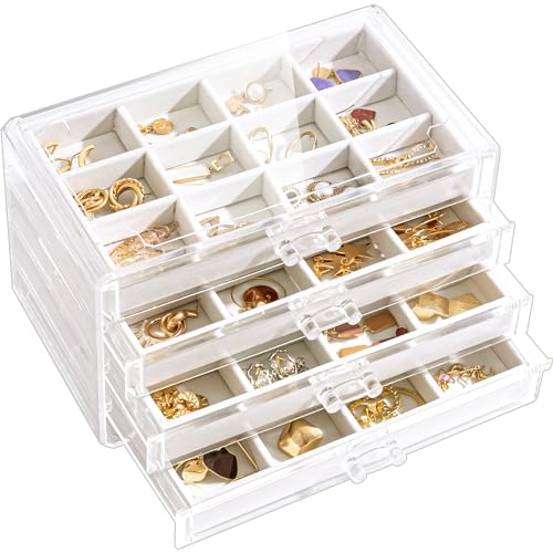 Lolalet Earring Holder Organizer Box Jewelry Storage with 4 Drawers, Clear Acrylic Stackable Earring Case with Adjustable Velvet Trays for Women on Dresser Vanity -Warmwhite, 4 Layers - color: Warmwhite, size: 4 Layers