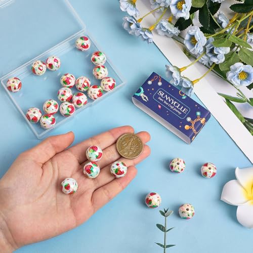 SUNNYCLUE 1 Box 30Pcs Acrylic Strawberry Beads 16mm Chunky Bubblegum Beads Bulk Fruit Printed Round Gum Ball Loose Spacers for Jewelry Making Necklaces Bracelets Earrings Beadable Pens Adults