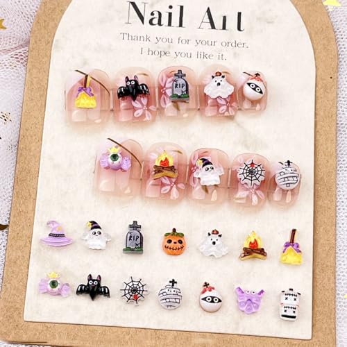 100Pcs Halloween Nail Art Charms Multi Shapes Colors 3D Pumpkin Torch Broom Nail Charms Cute Cartoon Bandage Web Ghost Tombstone Hat Nail Art Rhinestones Mini Flatback Nail Supplies for DIY Nails Art - color: Halloween-5