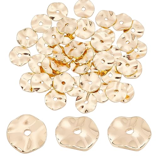 PH PandaHall 50PCS 14k Gold Plated Spacer Beads, 8mm Flat Round Metal Brass Bead Wavy Disc Beads Jewelry Loose Bead for DIY Bracelet Necklace Earring Craft Supplies, Hole: 1.2mm - color: 14k Gold