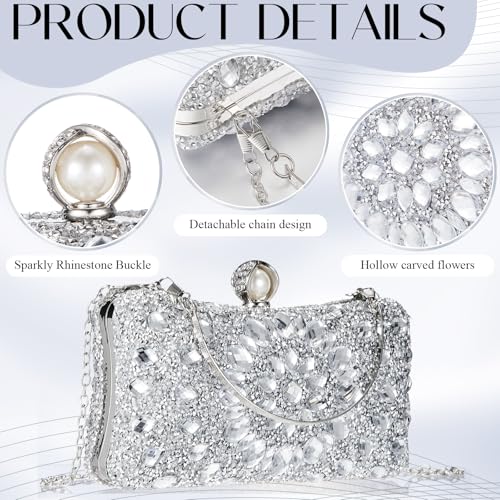 Quelay 4 Pcs Purse Rhinestone Jewelry Set Evening Clutch Bag Bling Crystal Necklace Dangle Earrings Bracelets Accessories - color: Silver, size: Groovy Style