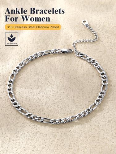 U7 Women Girls Barefoot Jewelry 18K Gold or Rose Gold Stainless Steel Heart/Rope/Figaro/Cuban Chain Anklet Foot Bracelet, 25-30 CM Long - color: Stainless Steel-5mm-Figaro Chain