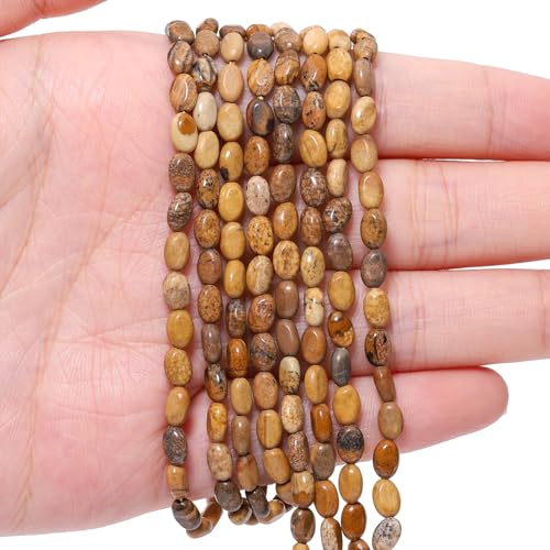 70pcs Natural Yellow Picture Stone Beads，4x6mm Egg Shape Loose Gemstone Beads for Jewelry Making Design Earring Necklace - color: picture stone