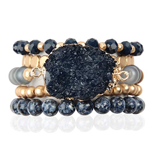 RIAH FASHION Bohemian Acrylic Druzy Multi-Layer Bead Statement Bracelet - Versatile Faux Stone Pendant Stretch Strand Stackable Cuff Bangle Set Sparkly Crystal - color: Acrylic Druzy & Natural Stone Bead Navy