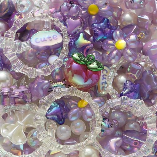 100G Assorted Acrylic Beads for Bracelet Making, Purple Large Aesthetic Kawaii Beads for Keychain Phone Charms, Multi-Shapes Cute Bead for Jewelry Making, DIY Crafts, Necklace - color: Purple