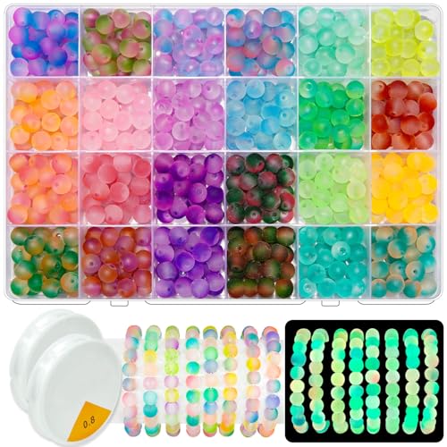 JHYlilia Glow in The Dark Glass Beads for Jewelry Making, 600Pcs 8MM 24 Grids Crystal Gemstone Beads Round Spacer DIY Craft Beads for Bracelet Necklace Earrings Phone Lanyard Wedding Decor - color: 8MM Glowing 24 Grids