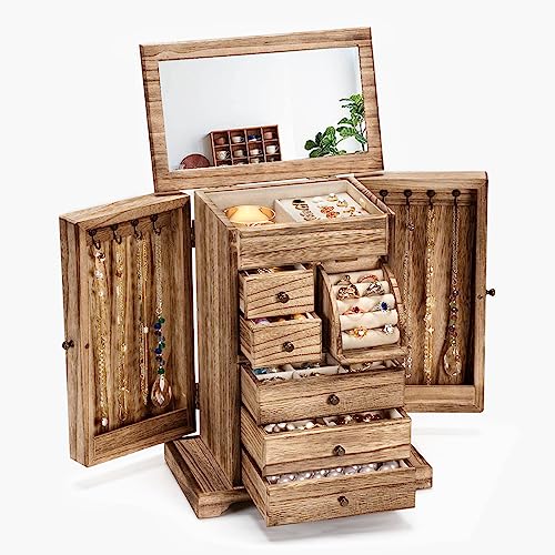 Jewelry Box for Women, Rustic Wooden Jewelry Boxes & Organizers with Mirror & Drawers,6 Layer Jewelry Organizer Box for Rings Earrings Necklaces Bracelets (Carbonized Black) - color: Carbonized Black
