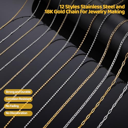Zefy 18K Gold Silver Chain for Jewelry Making Kit, 39.6ft 12 Rolls Stainless Steel Chains Bulk with 380 Pcs Charms, Jump Rings Lobster Clasps Set for DIY Bracelet Necklace Crafts - size: Large