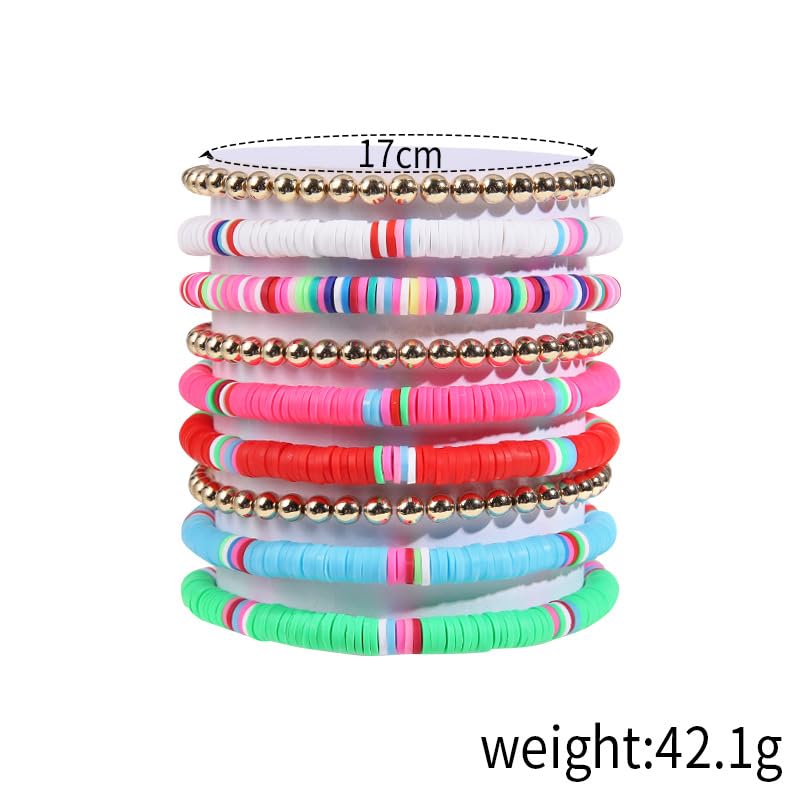 COLORFUL BLING 5-12Pcs Bohemian Love Heart Bead Bracelets for Women Vinyl Disc Heishi Surfer Stackable Stretch Bracelet Summer Beach Boho Jewelry - color: 9pcs gold beads