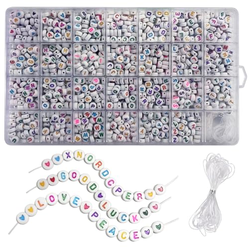 1755PCS 4x7mm Acrylic Letter Beads and Heart Beads for Friendship Bracelets Jewelry Making Kit Assorted Round Flat Preppy Alphabet Beads A-Z with 28 Grid Organizer Crystal Line (Colourful on White) - color: 26 letters(colourful on white)