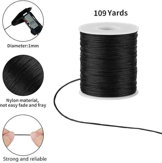 Black Nylon String Cord - 1MM 100 Yards Black Twine, Bracelet String for Bracelet Making, Braided Ornament Lanyard Thread, Jewelry Thread Clay Bead Cords for Crafts, Macrame Satin - style: Black