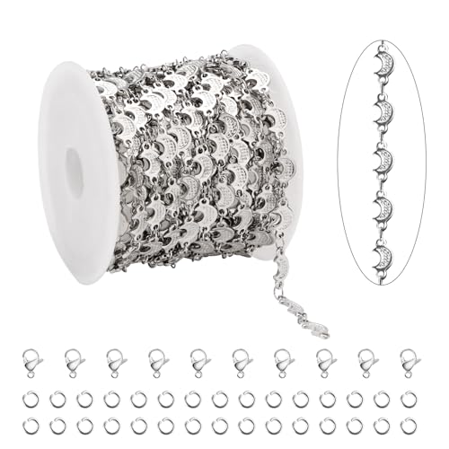 KYUNHOO 4 Meters Silver Chains for Jewelry Making Crescent Moon Shape Stainless Steel Chains Bulk with Jewelry Connectors for Women Men Make Crafts - color: Moon Silver