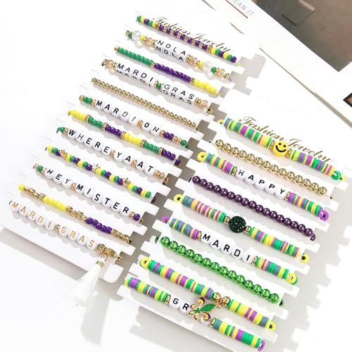 12pcs Halloween Heishi Beaded Bracelets for Women-Spooky Ghost & Pumpkin Party Favors Boho Stackable Polymer Clay Bead- Stretch Friendship Bracelet Set - style: Mardi Gras 1