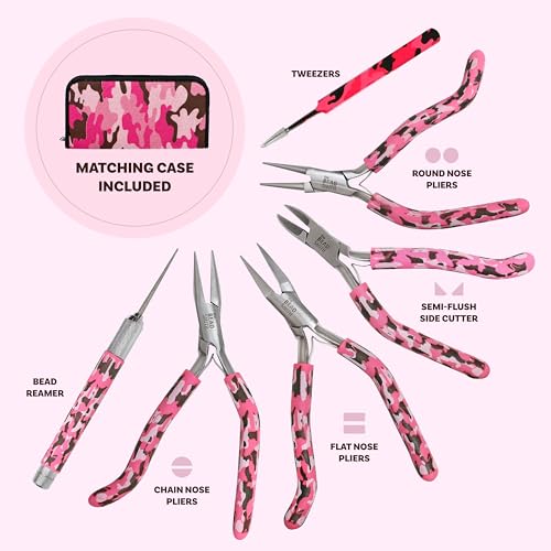 The Beadsmith Pink Camouflage Set – 6 Piece Kit: Pistol Grip Chain Nose, Round Nose, Flat Nose, Side Cutter Pliers w/Tweezers, Reamer and Zippered Pouch – 6 Inch Jewelry Making Tools