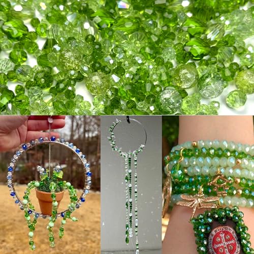 1000pcs Green Beads, Glass Beads for Jewelry Making, Green Assorted Crystal Faceted Bicone Teardrop Crackle Clover Loose Shiny Beads for Earring, Necklace, Bracelet, Plant Crafts DIY, Home Decor
