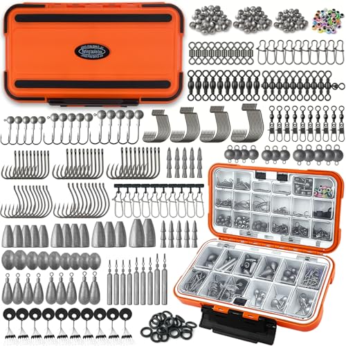Fishing Tackle Kit with Box – 423pcs Complete Terminal Tackle Assortment, Hooks, Sinkers & Swivels, Beads & Bobber Stops for Freshwater Bass & Trout (Orange-423PCS) - color: Fishing Accessories Kit 423Pack-Orange
