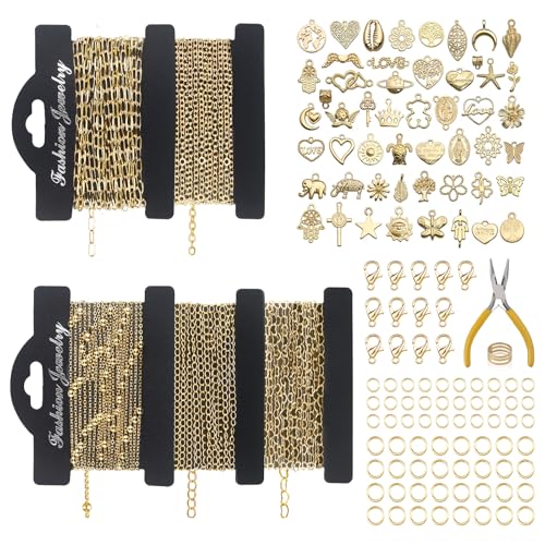 14k Gold Necklace Chain for Jewelry Making, 16.6 Feet Total (5 Rolls) DIY Bracelet Chains with 300 Jump Rings, 50 Lobster Clasps, 1 Jewelry Pliers,1 Support Ring and 50 Pendants - color: 14K Gold-16.6Feet 5 Rolls+Pendants