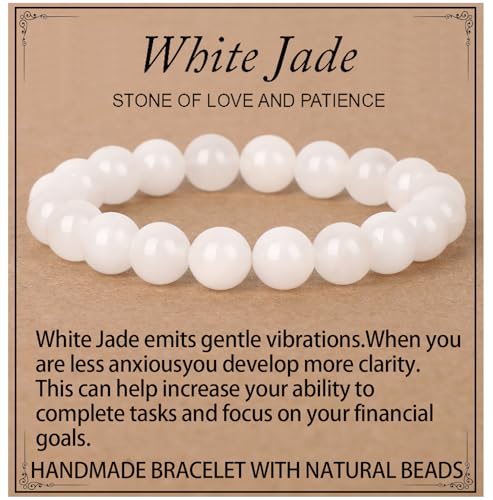 LPBeads Handmade Natural Gemstone Stretch Elastic Bracelet Healing Crystal Round Stone Beads Jewelry Gifts for Women Men - color: White Jade, size: 10mm