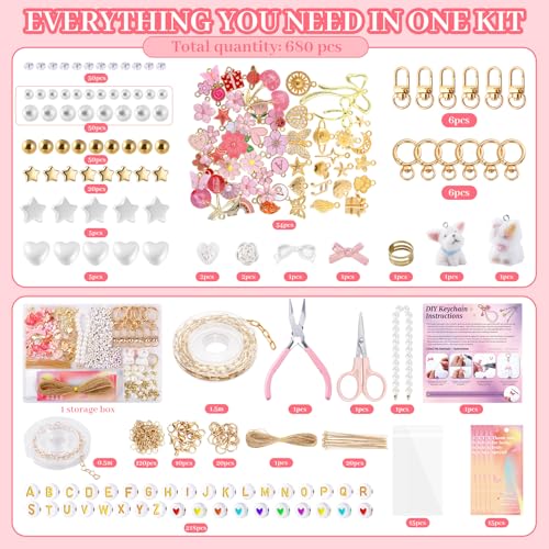 Wurosi 680 Pcs Keychain Making Kits, Pink DIY Bag Charm Kit, 78.74 Inch Chains, Key Chain Hooks, Jump Rings, Lobster Clasps, 225 Charms & Letter, Tools, Great for a Custom Gift, Party, or Family Activ - color: 680PCS Keychain Making Kit