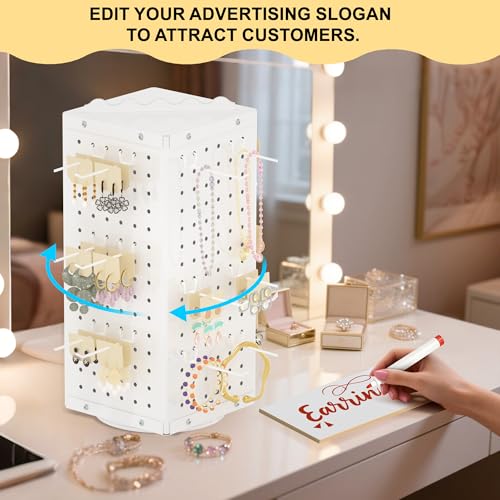 Urban Deco 360° Rotating Pegboard Display Stand with Signage, 4-Sided Spinning Peg Board Stand with 24 Hooks for Jewelry, Earring & Keychain Holder Displays for Craft Shows & Vendor Events (White) - color: White