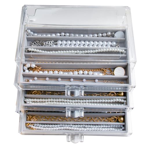 YUFONG Necklace Holder Organizer, Dustproof Necklace Box Velvet Necklace Organizer Box with Lid Clear Acrylic Dustproof Stackable Jewelry Displays for Necklaces Chain Display (Gray, 3 Drawer) - color: Gray, size: 3 Drawer