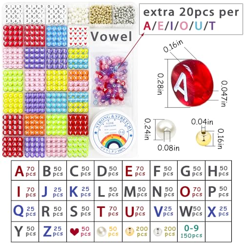 MIIIM 1920 Pcs Pony Beads Letters for Bracelets Making, Vowel-Rich Alphabet Kit with Minimized Rare Characters, 4x7mm Round Letter Beads, Numbers (Clear Colorful) - color: Round Clear Colorful