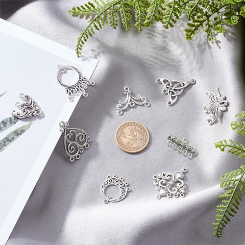 SUNNYCLUE 1 Box 54Pcs 9 Style Chandelier Connector Charms Component Links Alloy Hollow Filigree Pendants Flat Round Teardrop Triangle Shape for Jewelry Making Earring Supplies,Antique Silver - color: 54pcs 9 Style Silver Color