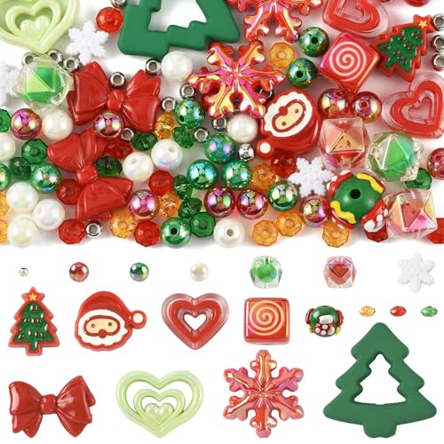 100Pcs Christmas Acrylic Beads for Jewelry Making, 19 Styles Xmas Tree Snowflake Bowknot Heart Santa Claus Loose Spacer Beads for Bracelets Necklaces Earrings Making and Crafting - color: Xmas- 100 pcs