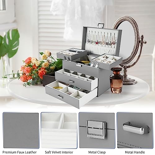 Dajasan Jewelry Organizer Box, Large Jewelry Boxes for Women Girls, Space-Saving 4 Layers Jewelry Storage Case with Drawer, Movable Metal Stand, Modern, Gift Idea (Grey) - color: Grey + Silver
