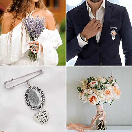 1PCS DIY Wedding Bouquet Photo Charm Pin Brooch Making Kit - Single Lacy Frame Wedding Charm Oval Glass Cabochons Picture Frame with Pendant