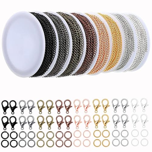 80ft Jewelry Making Kit - 8 Color Stainless Steel Curb Chain, 240 Jump Rings & 80 Lobster Clasps for DIY Bracelet, Earring & Necklace Crafts (2*3 mm) - color: 8 Colors Curb Chain 80FT