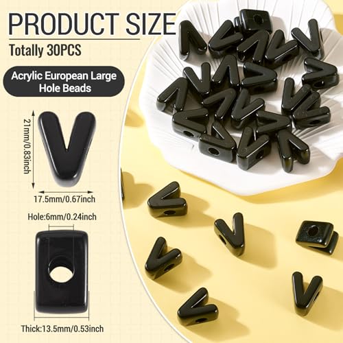 FASHEWELRY 30Pcs Acrylic Letter V Beads with Large Hole Big Plastic Letter Blocks European Beads 3D Letters Chunky Vowel Initial Alphabet Bead for Key Chains Necklace DIY Arts Craft Projects - color: Black, size: V