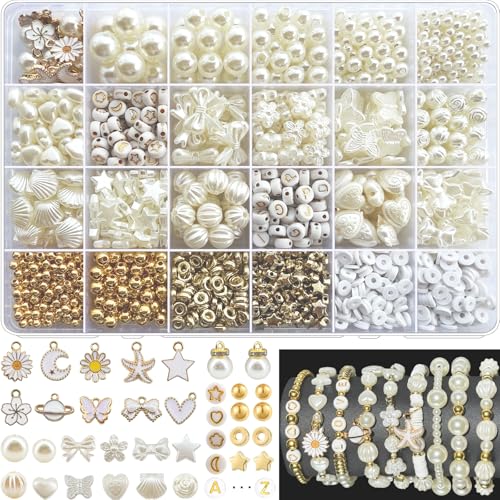 1680pcs Assorted Pearl Beads Bracelet Making Kit, Flower Bow Butterfly Star Heart Cly Bead Letter Gold Spacer Bead Kawaii Aesthetic Acrylic Cute Beads Charms for Jewelry Bracelet Making DIY Necklace - color: White