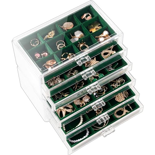 Lolalet Earring Holder Organizer Box Jewelry Storage with 6 Drawers, Clear Acrylic Stackable Earring Case with Adjustable Velvet Trays for Women on Dresser Vanity -Emerald, 6 Layers - color: Emerald, size: 6 Layers