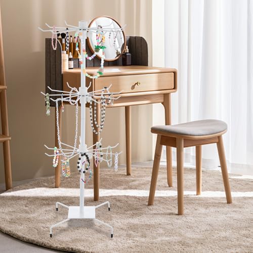 Lemecima 2 Pcs Rotating Jewelry Display Rack with Hooks Metal Earrings Display Stand for Selling Necklace (White, 3 Tires)