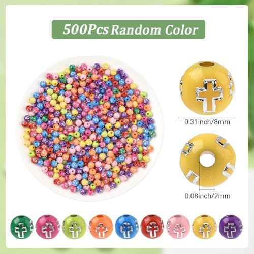 1 Box About 500Pcs Round Cross Beads Acrylic Cross Bead Bulk Small 8MM Plastic Plating Colorful Ball Western Crucifix Spacers for Jewelry Making Findings Bracelets Necklace Beginner Adults - color: Colorful