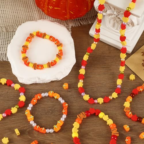 Fall Polymer Clay Beads, 300pcs Thanksgiving Fall Leaf Pumpkin Clay Beads for Jewelry Making Autumn DIY Bracelet Necklace Accessories Craft Party Supplies - color: Yellow Orange