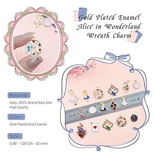 JIALEEY 19PCS Assorted Gold Plated Enamel Alice in Wonderland Wreath Charm Pendant DIY for Necklace Bracelet Jewelry Making and Crafting