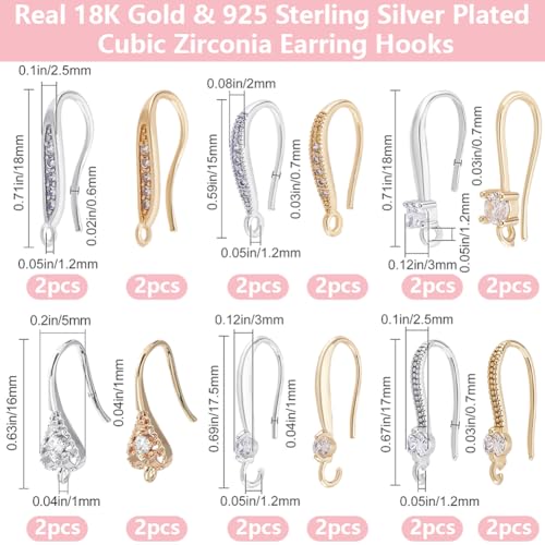 Beebeecraft 1 Box 24Pcs Cubic Zirconia Earring Hooks 18k Gold & 925 Sterling Silver Plated Rhinestone Ear Wires Dangle Drop Earwires for Jewelry Making Supplies Kits - color: 6 Style Earring Hooks Gold&silver