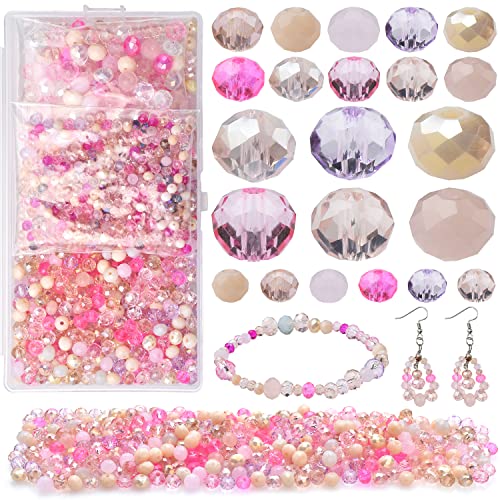 1000pcs 4/6/8mm Rondelle Glass Beads for Jewelry Making,Electroplate Round Shaped Crystal Spacer Beads Assorments for Bracelet Necklaces DIY Pink - color: Pink