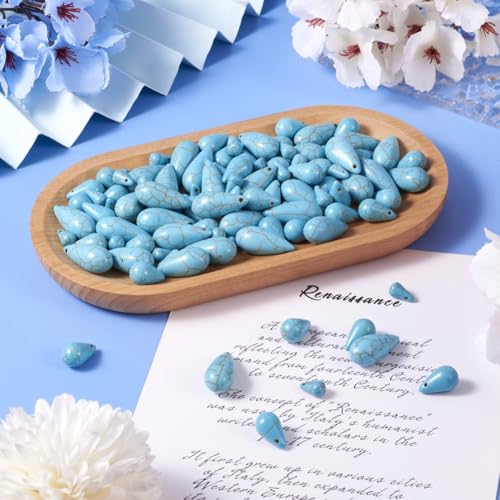 105Pcs Synthetic Turquoise Teardrop Beads Top Drilled Water Drop Stone Beads Dyed Drop Gemstone Spacer Beads for DIY Necklace Bracelet Earring Jewelry Making - color: Dark Turquoise # Teardrop